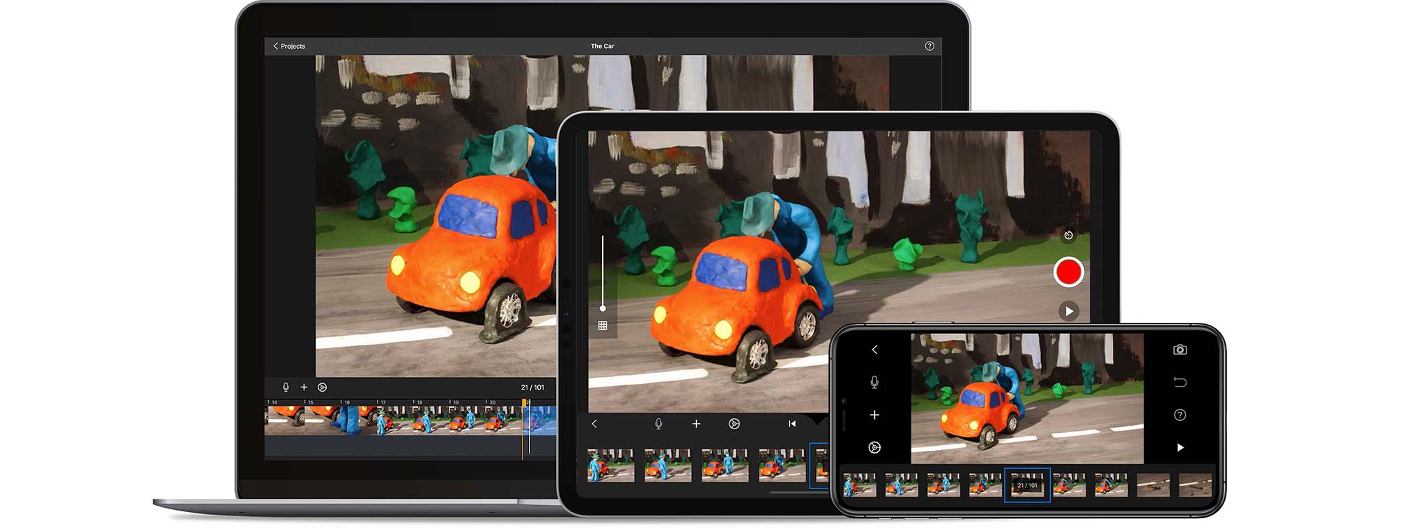 Different screens with stop motion car playing on them